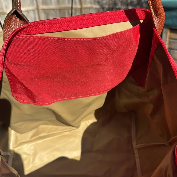 Longchamp Red Orange Le Pliage Large Tote Leather Trim - Picture 7 of 11